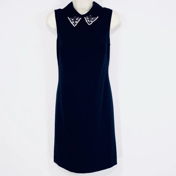 Eliza J Sz 6 Navy Blue Shift Dress Jeweled Collar Sleeveless Classic Preppy - Picture 10 of 15